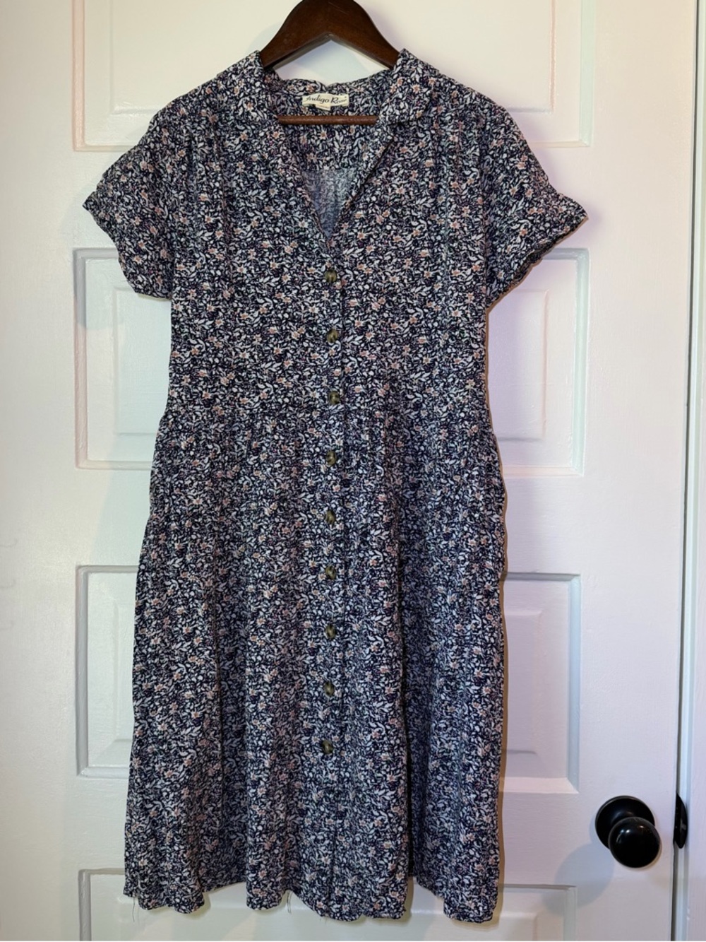 Floral Button-Front Navy Midi Dress